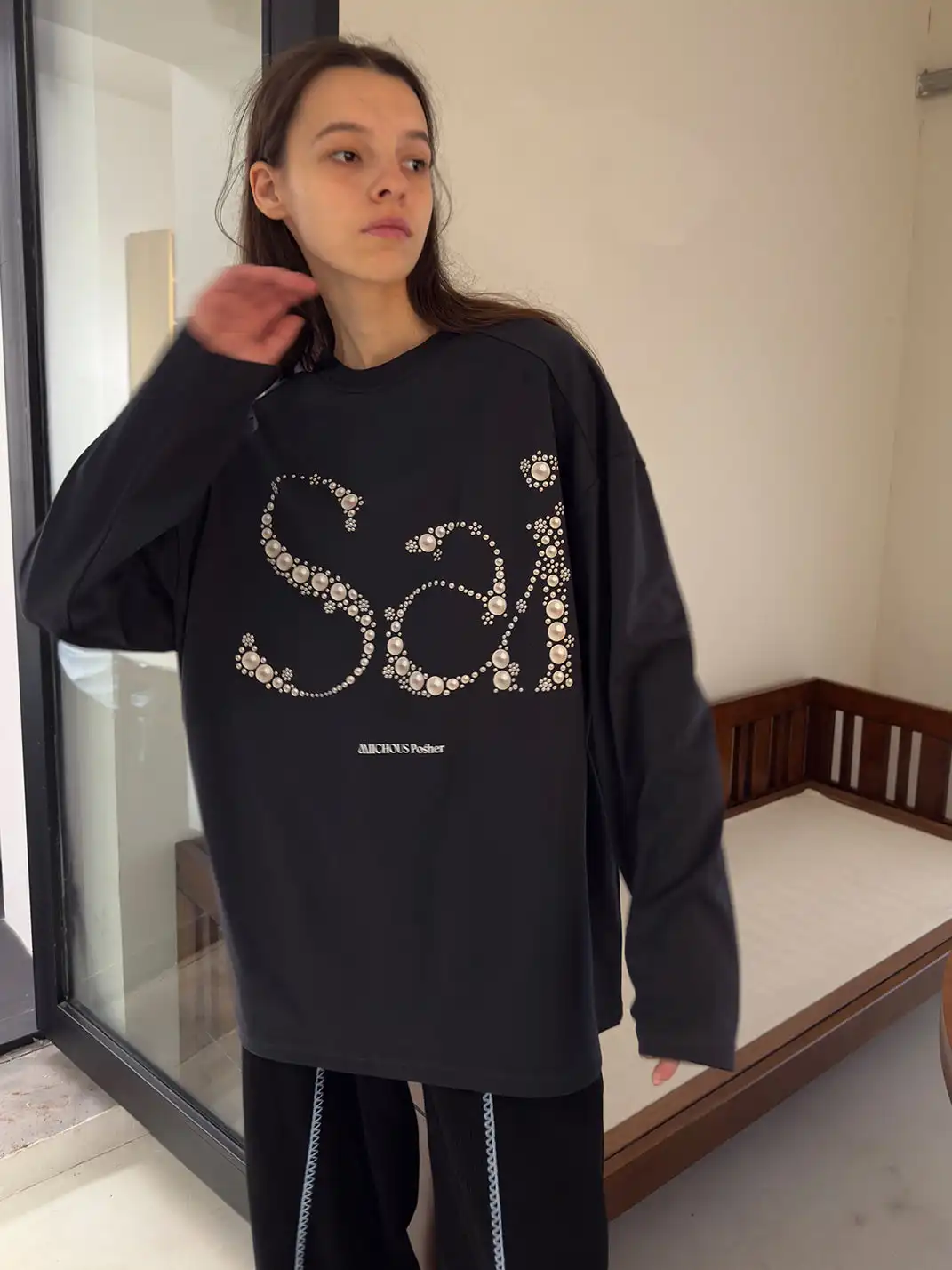 MIICHOUS | Sai Pearl Letter Print Long Sleeve T-Shirt