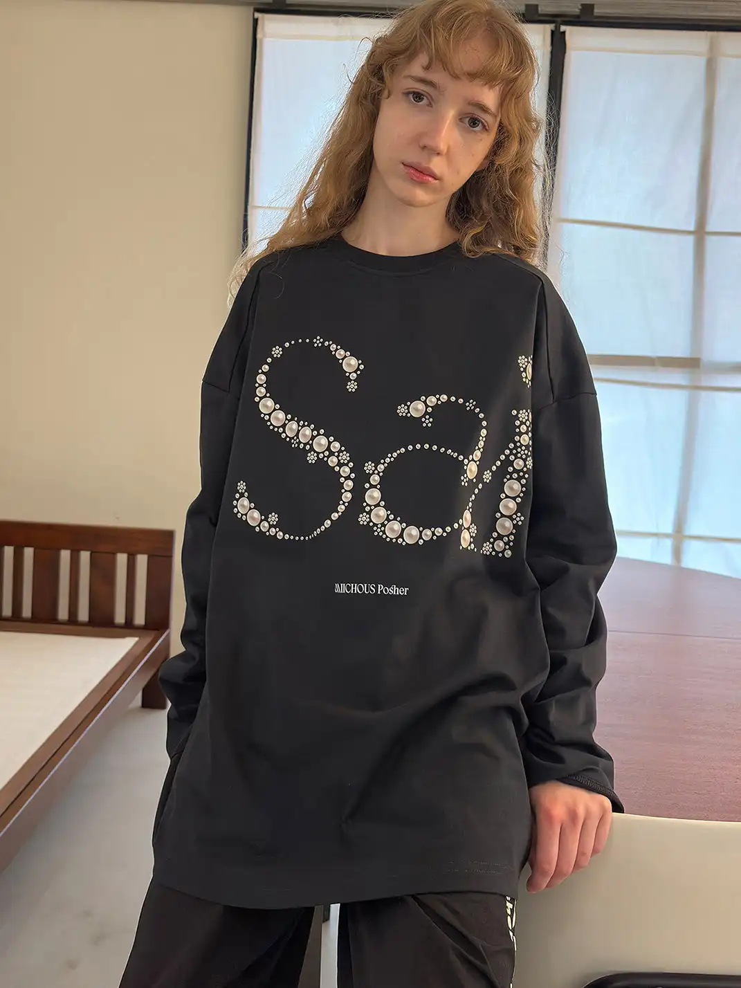 MIICHOUS | Sai Pearl Letter Print Long Sleeve T-Shirt
