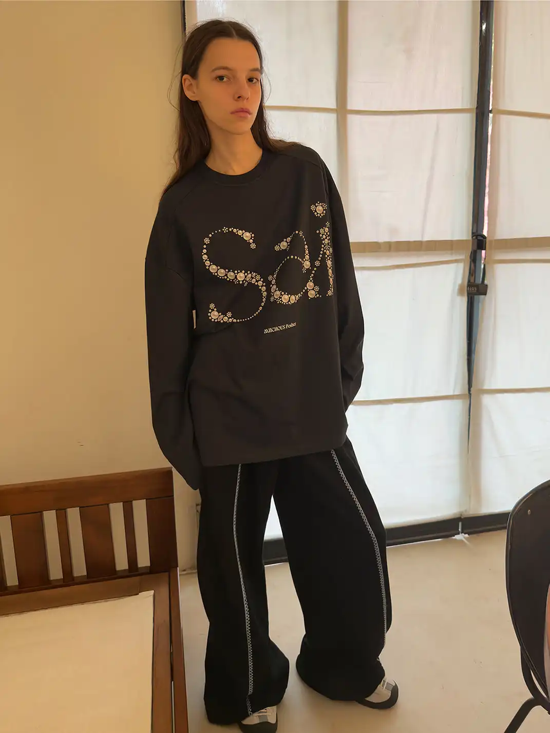 MIICHOUS | Sai Pearl Letter Print Long Sleeve T-Shirt