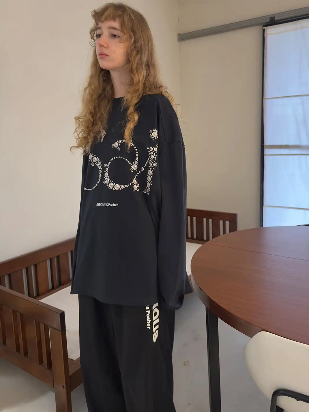 MIICHOUS | Sai Pearl Letter Print Long Sleeve T-Shirt