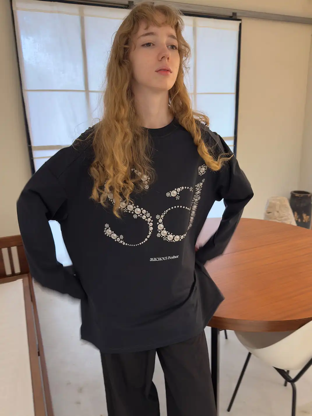 MIICHOUS | Sai Pearl Letter Print Long Sleeve T-Shirt