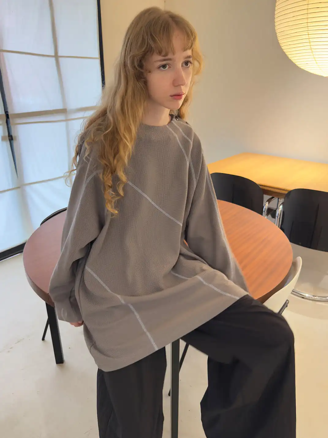 MIICHOUS | Contrast Stitch Waffle Knit Long Sleeve Sweatshirt