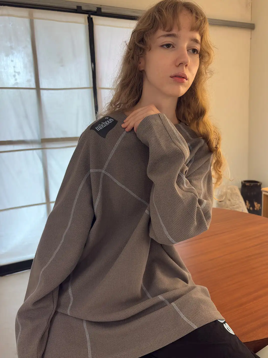 MIICHOUS | Contrast Stitch Waffle Knit Long Sleeve Sweatshirt