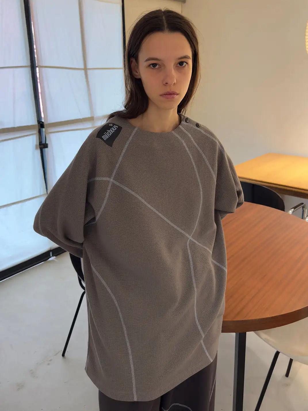 MIICHOUS | Contrast Stitch Waffle Knit Long Sleeve Sweatshirt