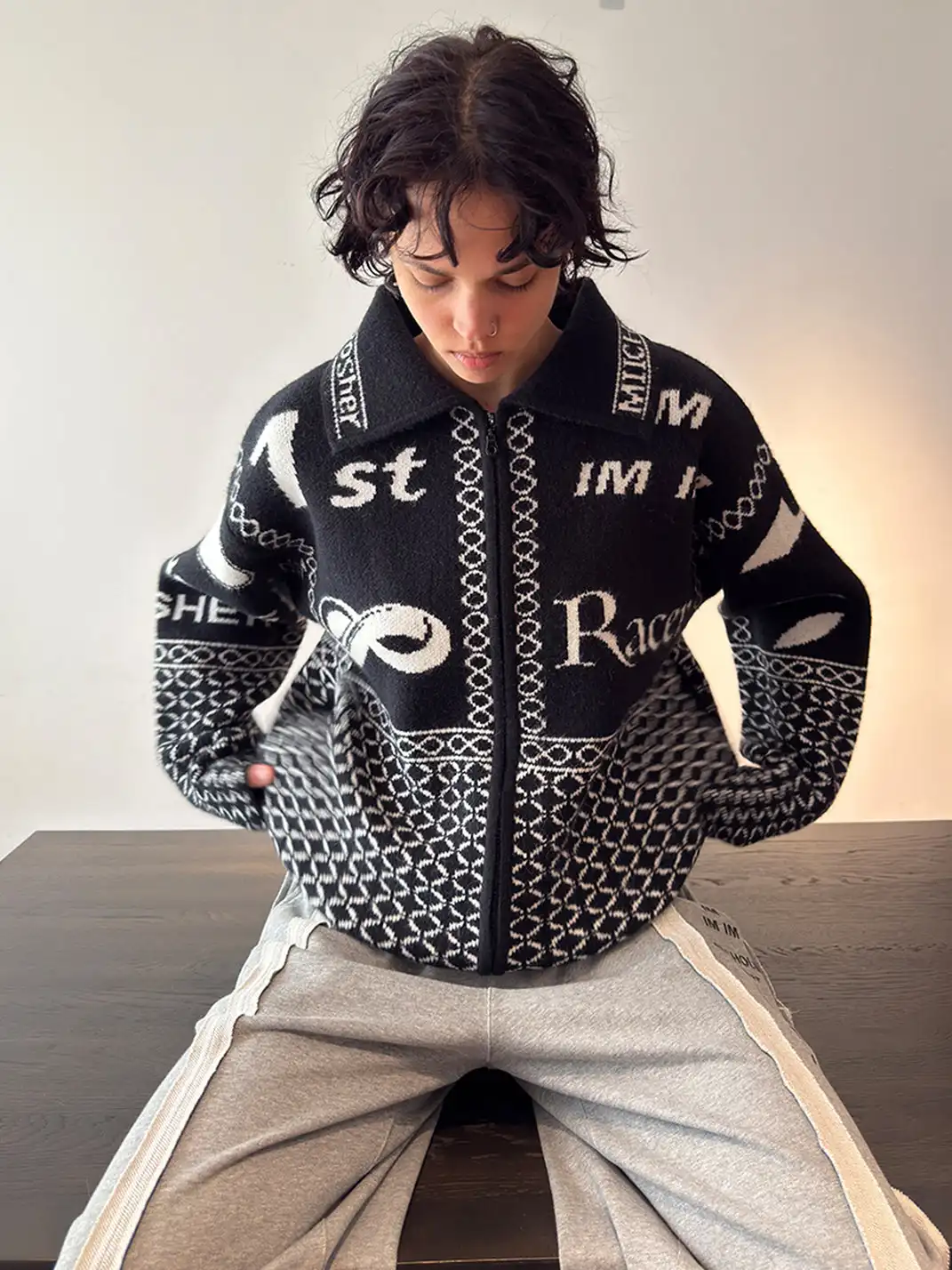 MIICHOUS | Vintage Racing Jacquard Zip Cardigan Sweater