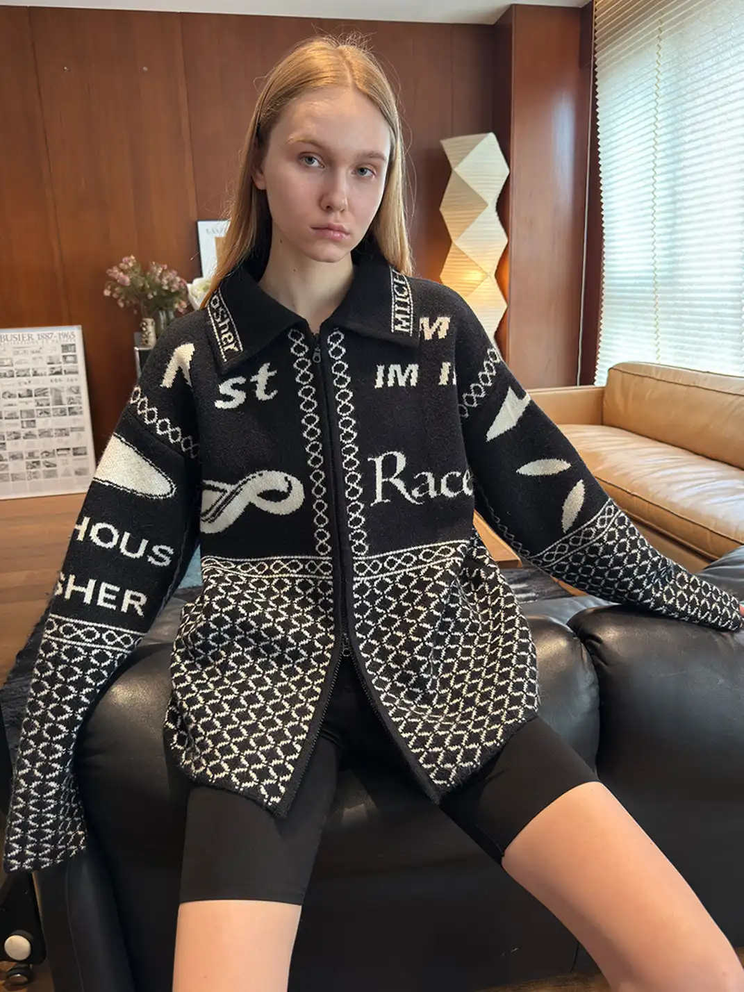 MIICHOUS | Vintage Racing Jacquard Zip Cardigan Sweater