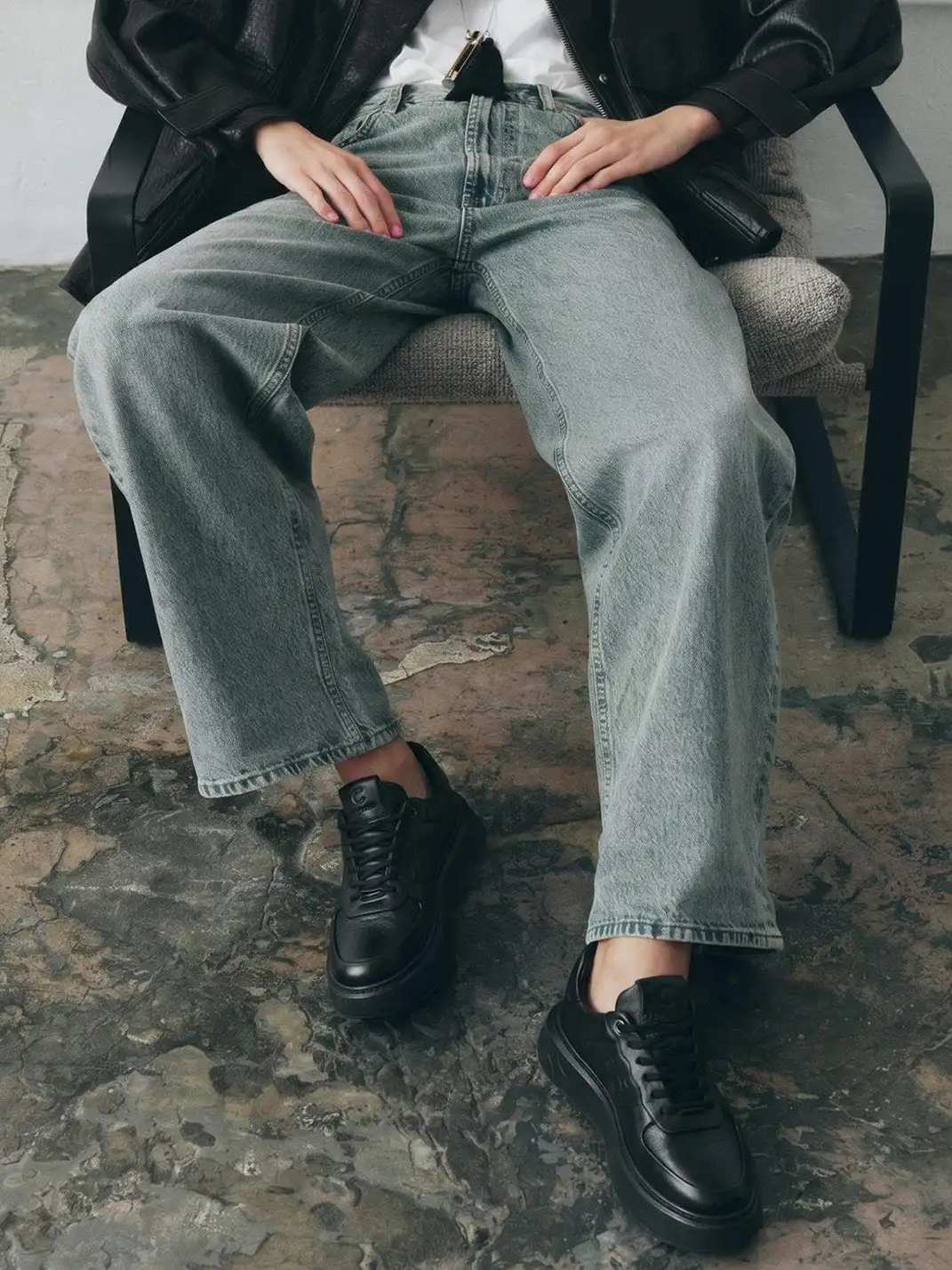 C.BANNER | Black Embossed Leather Platform Sneakers