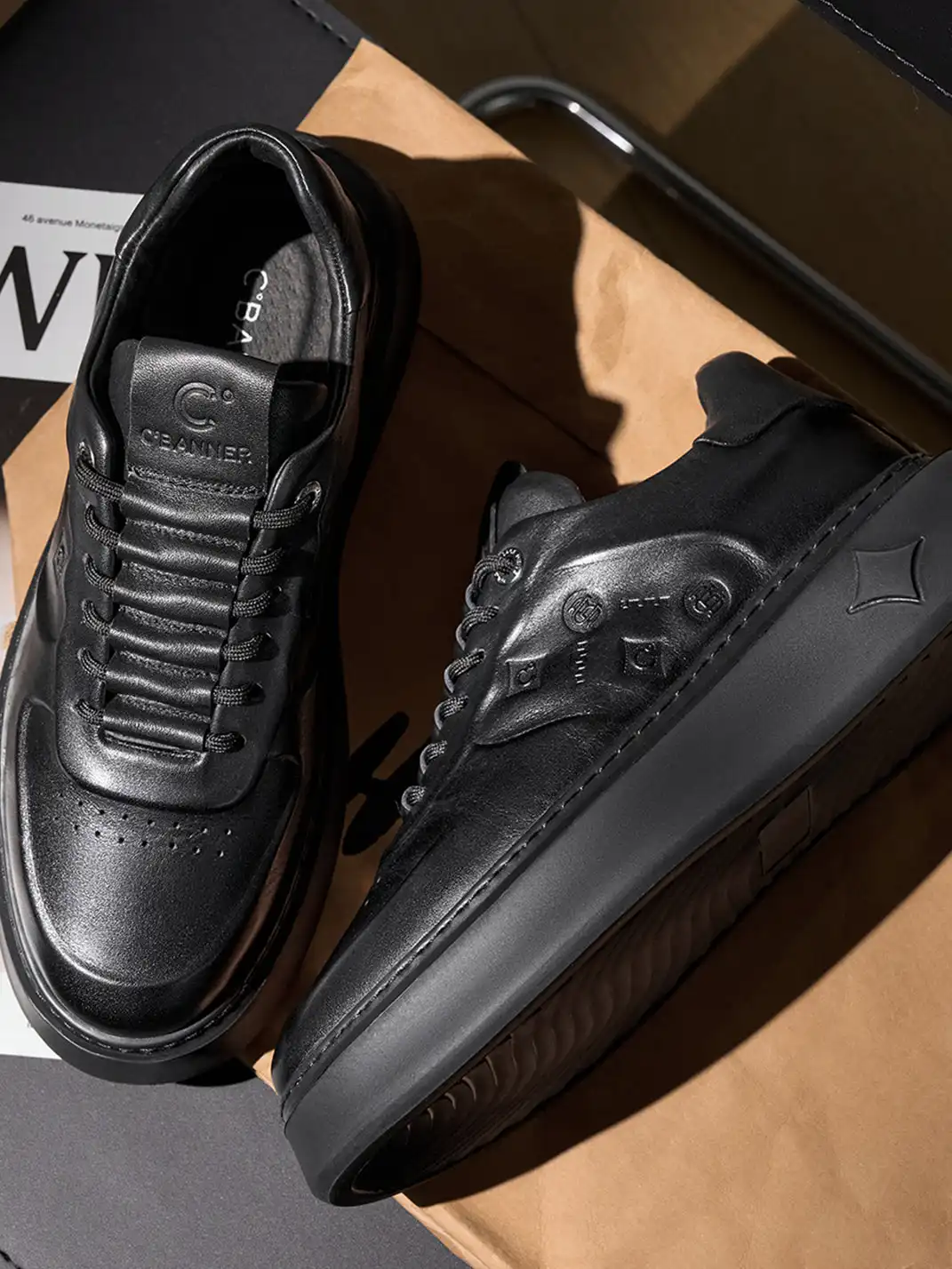 C.BANNER | Black Embossed Leather Platform Sneakers