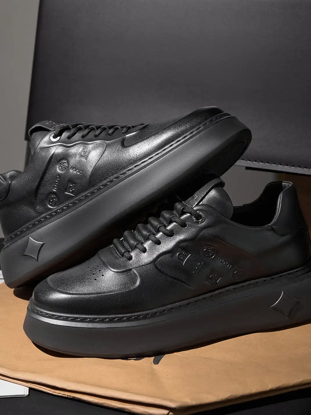 C.BANNER | Black Embossed Leather Platform Sneakers
