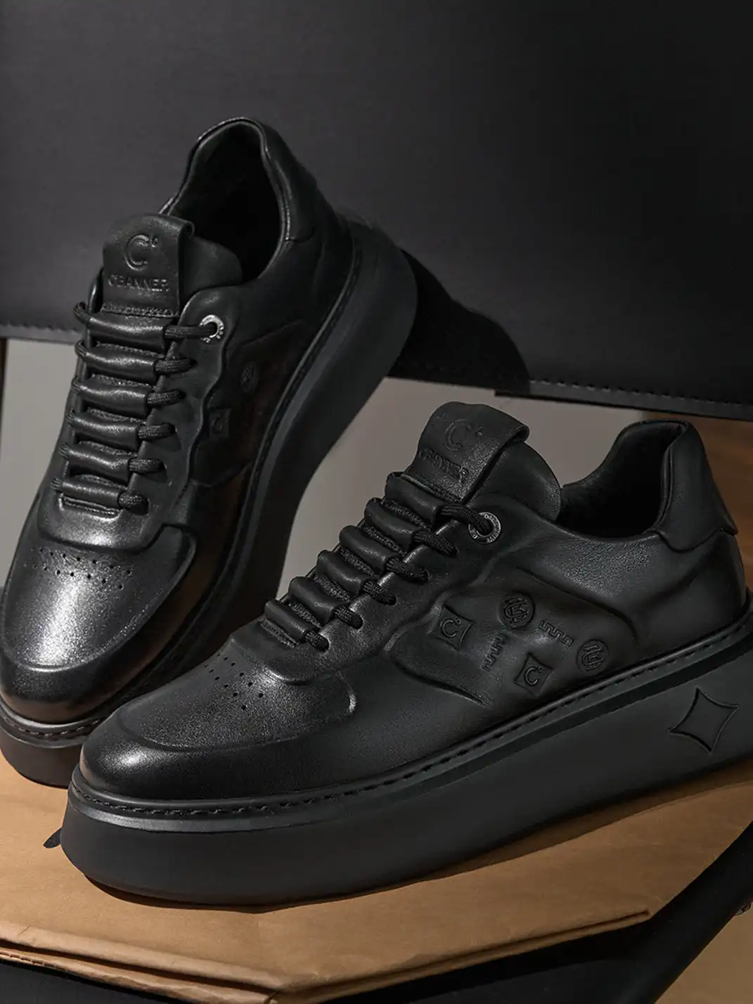 C.BANNER | Black Embossed Leather Platform Sneakers