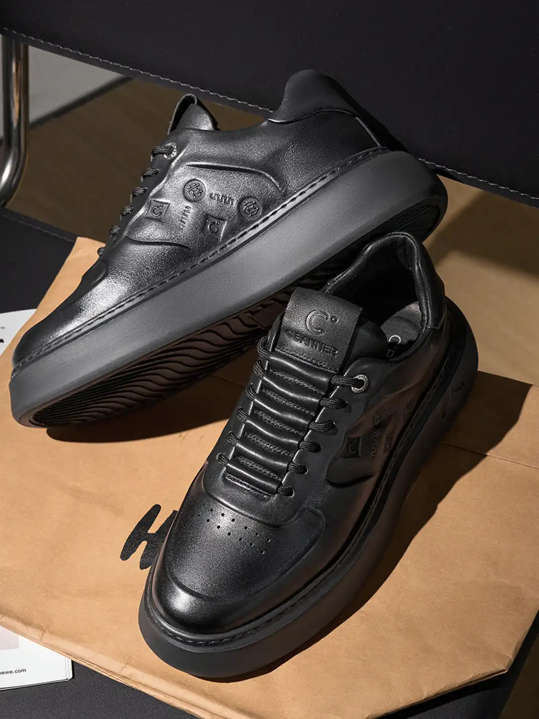 C.BANNER | Black Embossed Leather Platform Sneakers