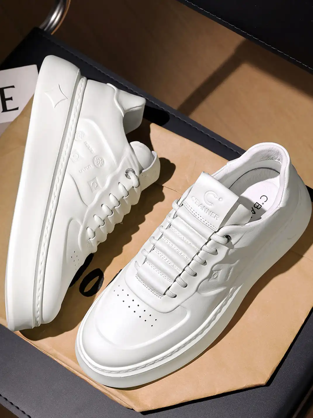 C.BANNER | White Embossed Leather Platform Sneakers