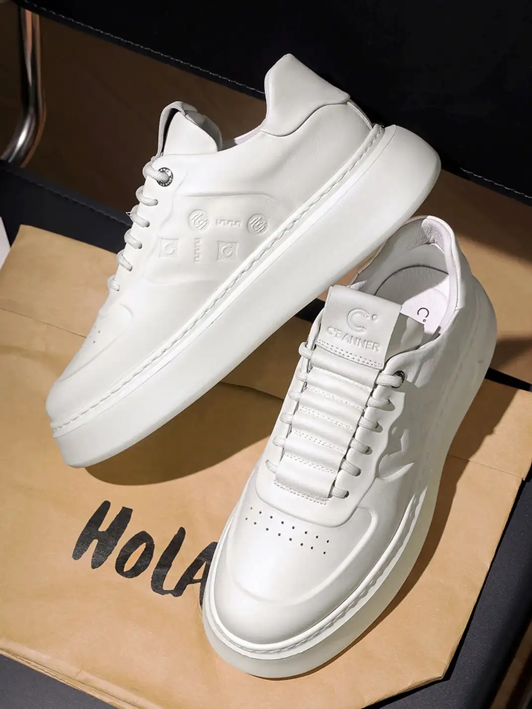 C.BANNER | White Embossed Leather Platform Sneakers