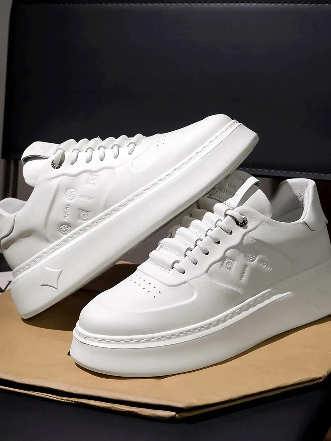C.BANNER | White Embossed Leather Platform Sneakers