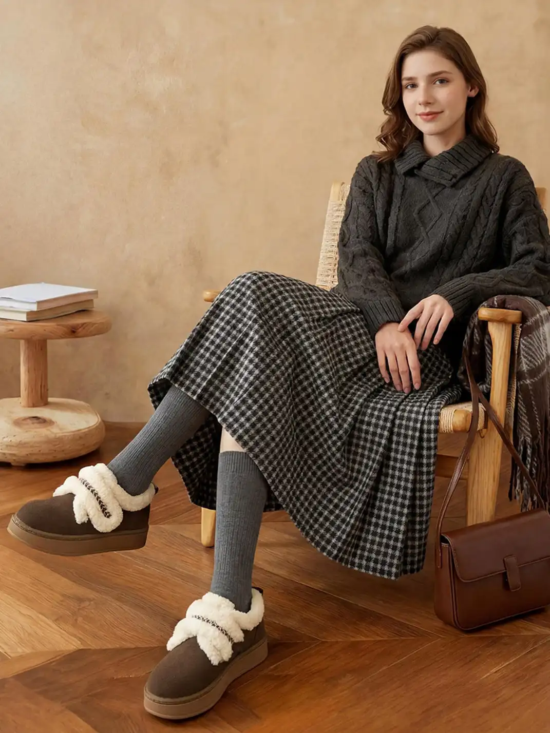 C.BANNER | Brown Shearling Platform Slip-On Shoes
