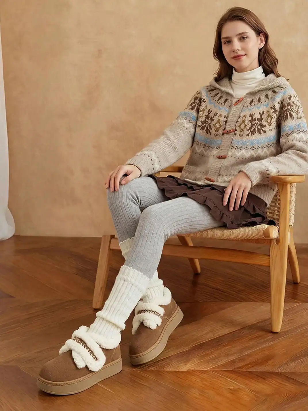 C.BANNER | Khaki Shearling Platform Slip-On Shoes
