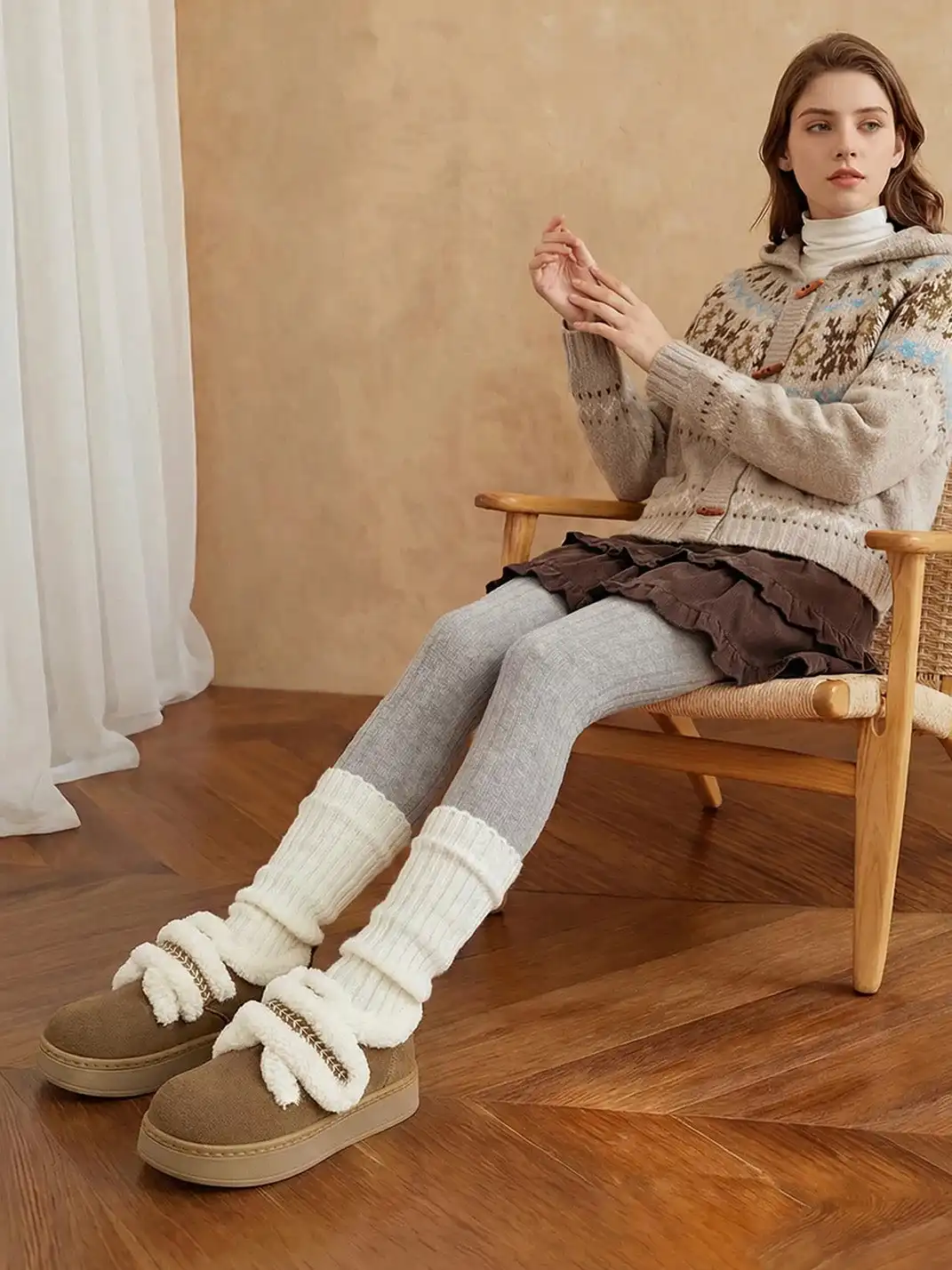 C.BANNER | Khaki Shearling Platform Slip-On Shoes
