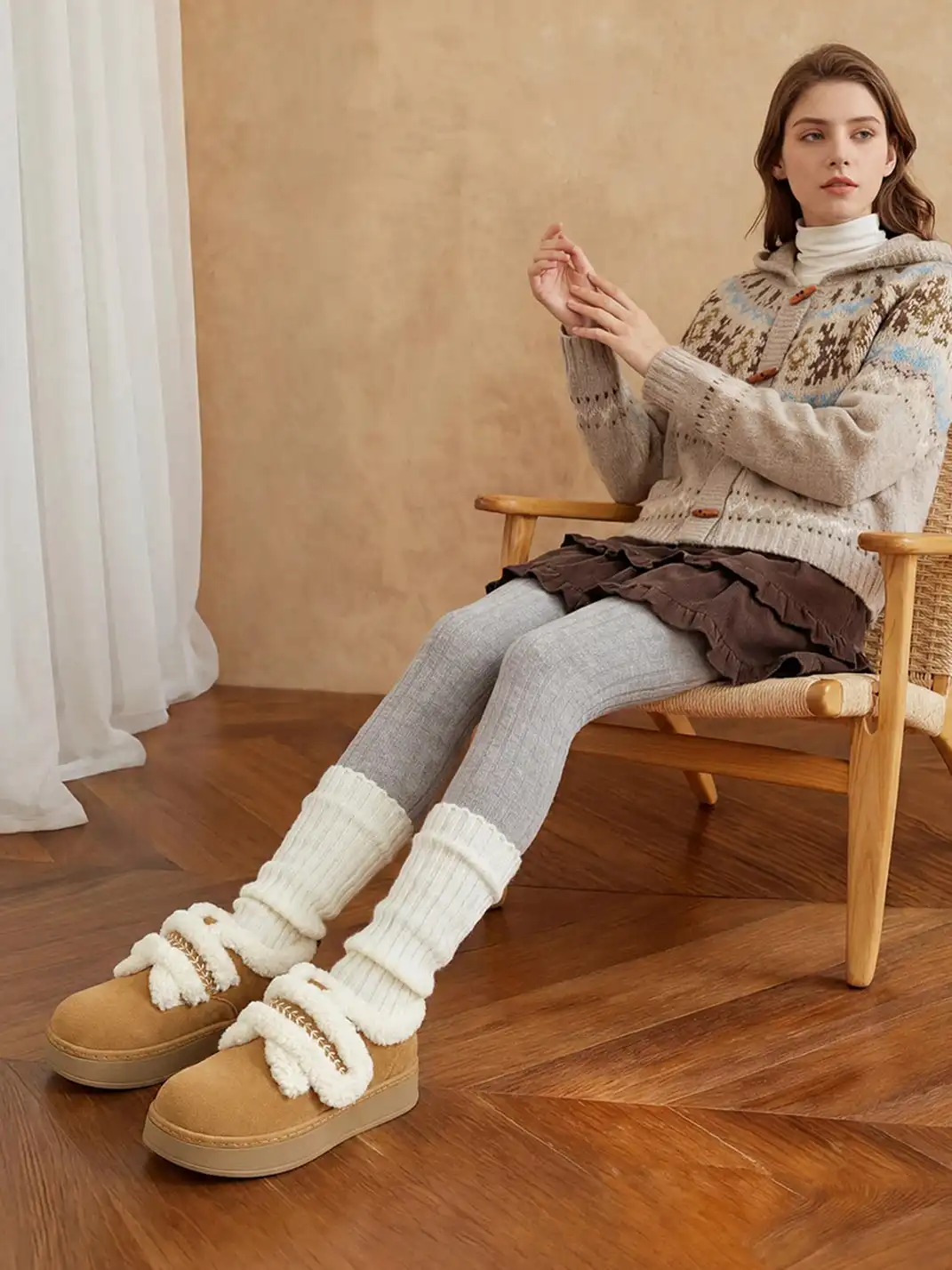 C.BANNER | Camel Shearling Platform Slip-On Shoes