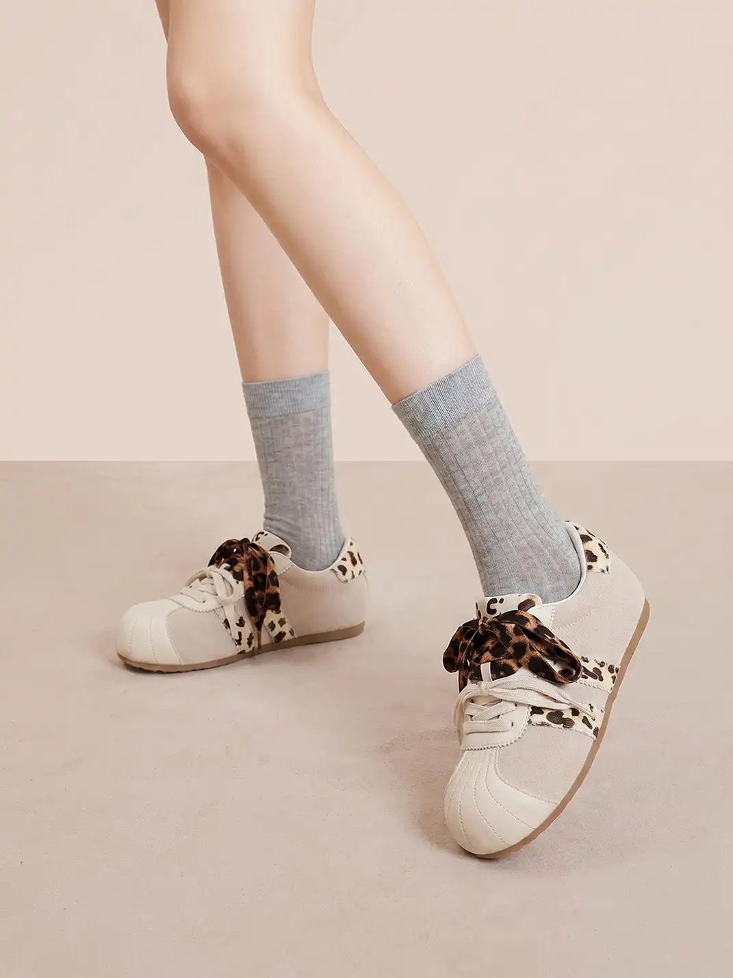 C.BANNER | Beige Leopard Panel Low-Top Sneakers