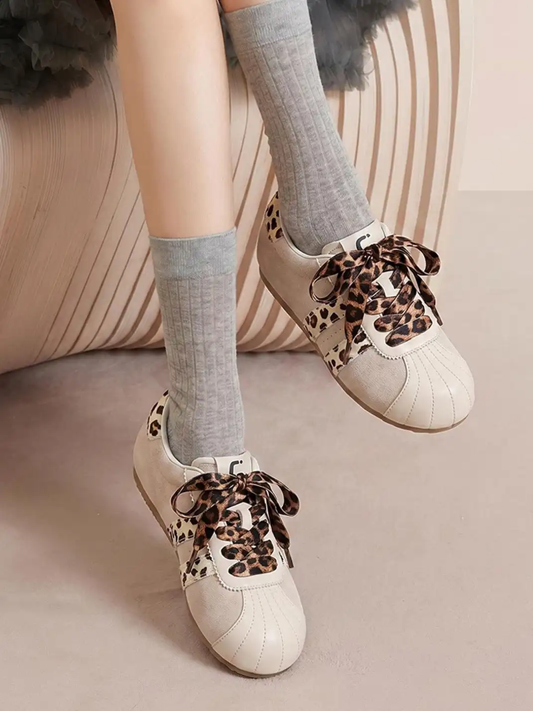 C.BANNER | Beige Leopard Panel Low-Top Sneakers