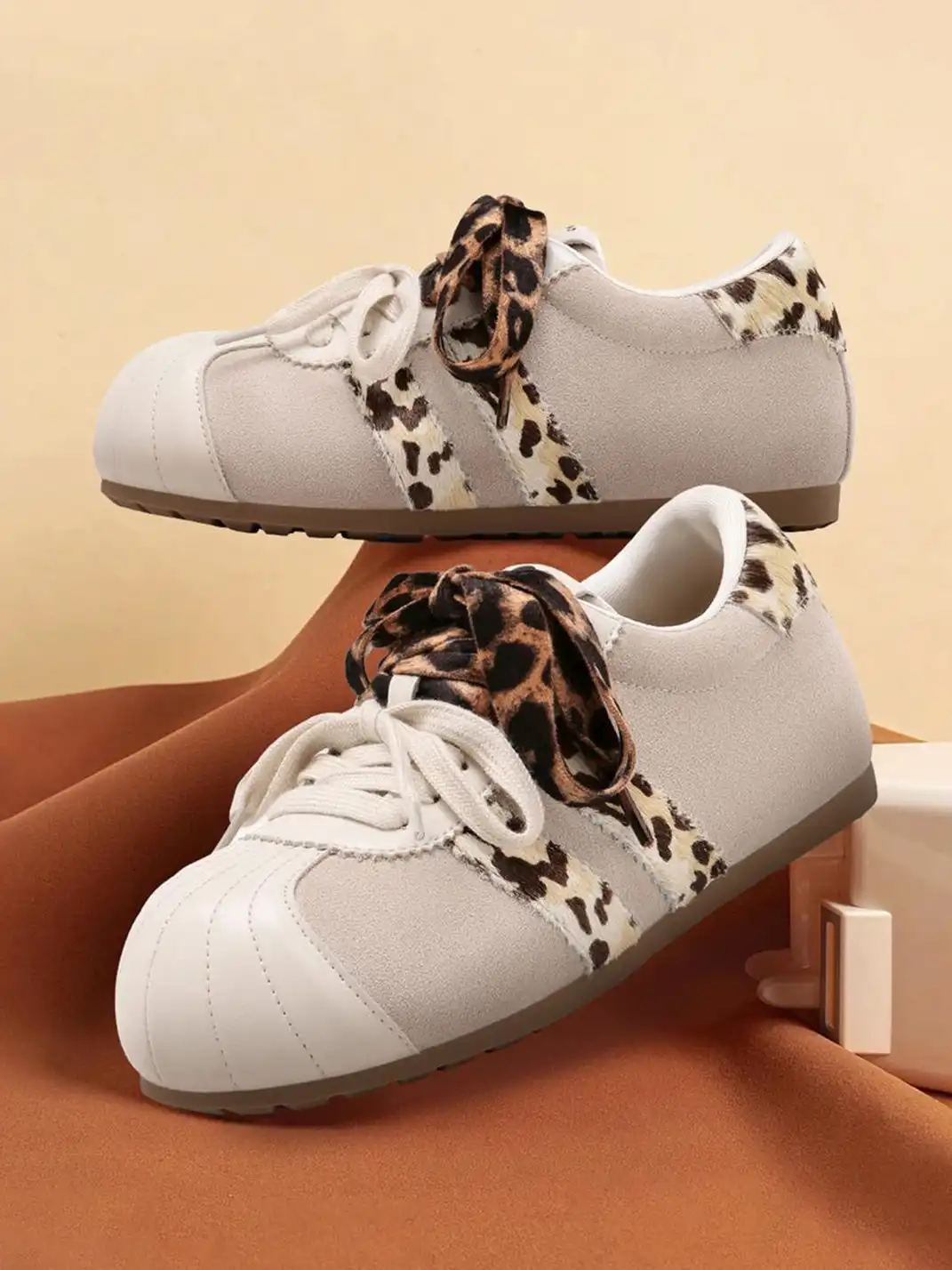 C.BANNER | Beige Leopard Panel Low-Top Sneakers