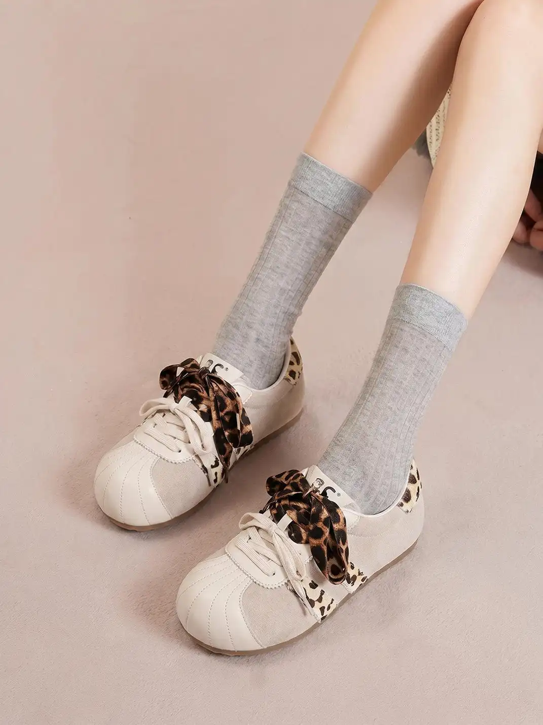 C.BANNER | Beige Leopard Panel Low-Top Sneakers