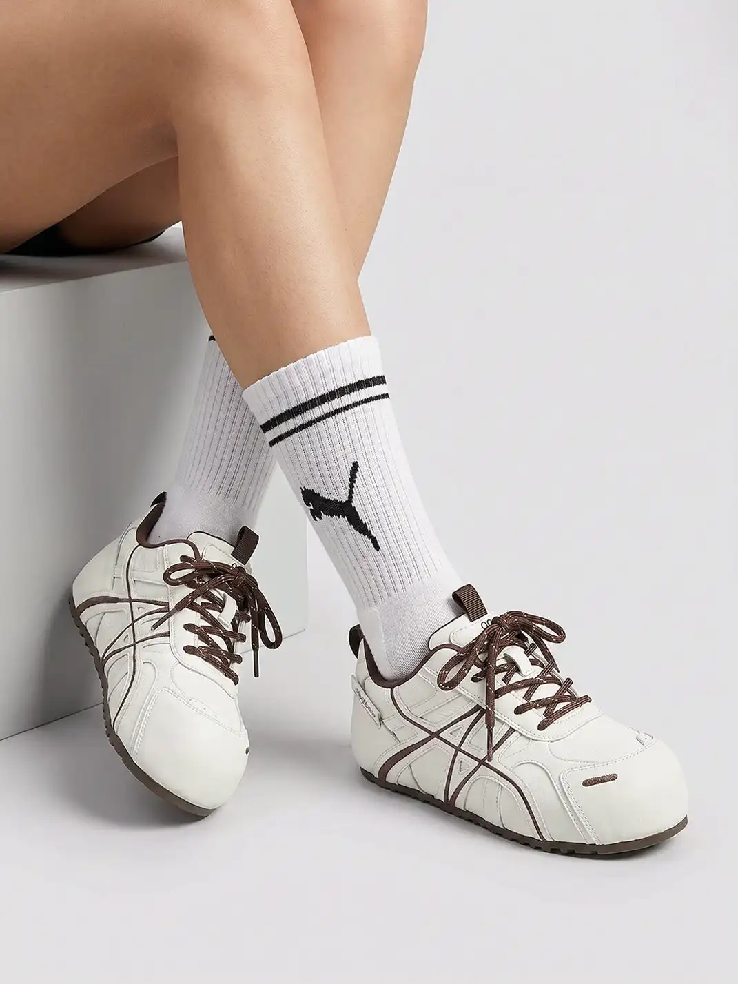 EBLAN | Beige Coffee Panel Trainer Sneakers