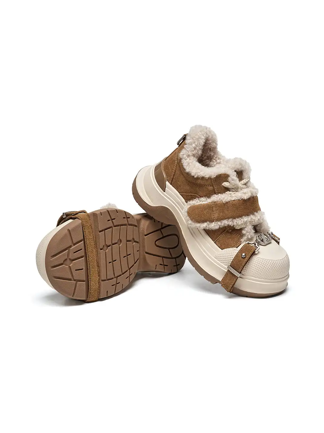 EBLAN | Camel Shearling Strap Platform Sneakers
