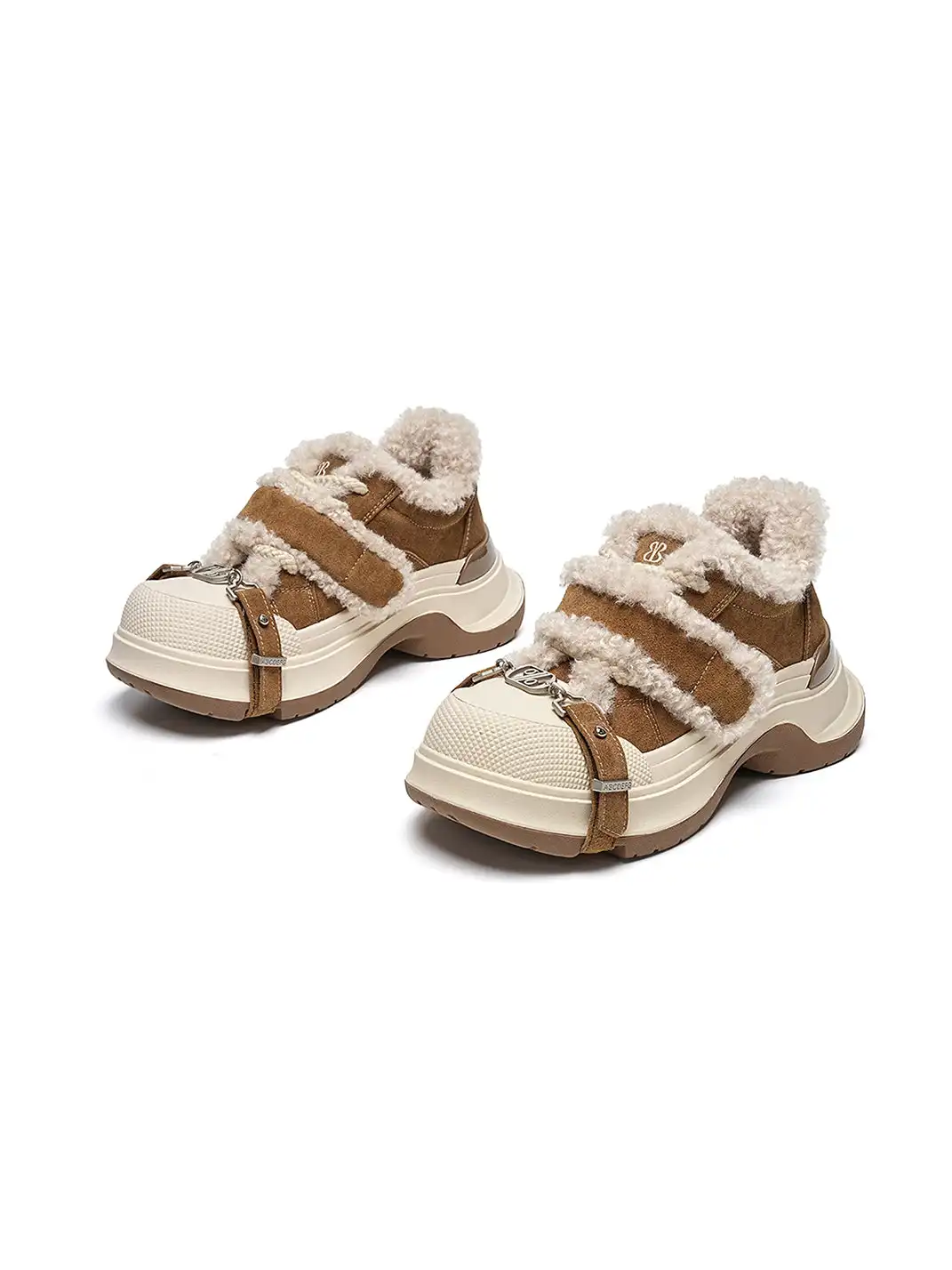 EBLAN | Camel Shearling Strap Platform Sneakers
