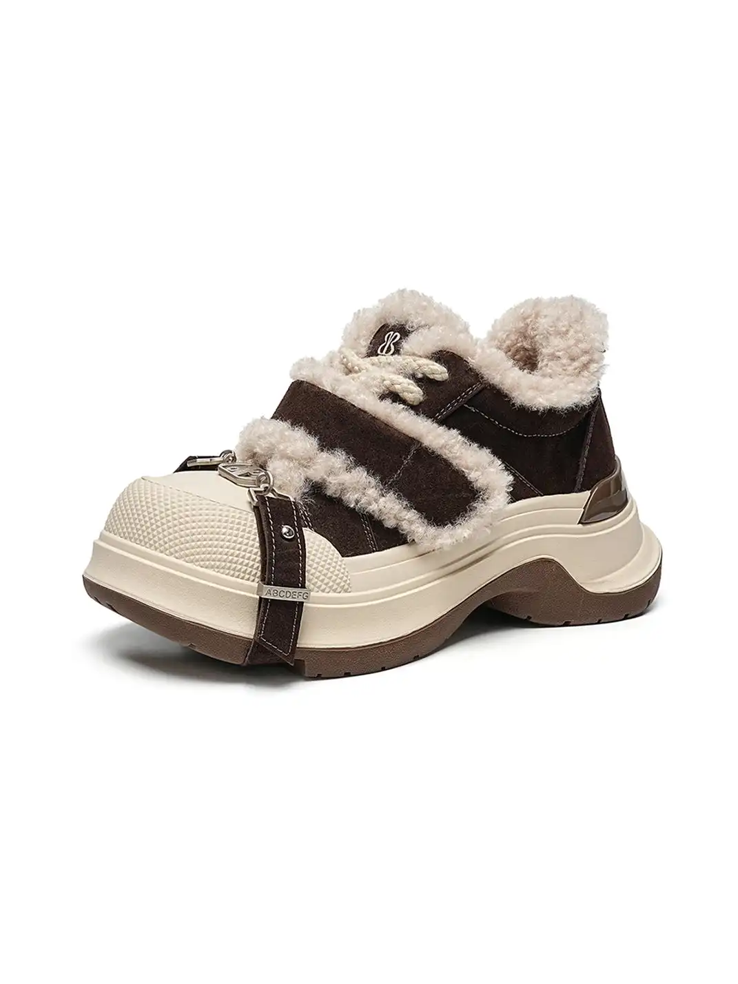 EBLAN | Coffee Shearling Strap Platform Sneakers