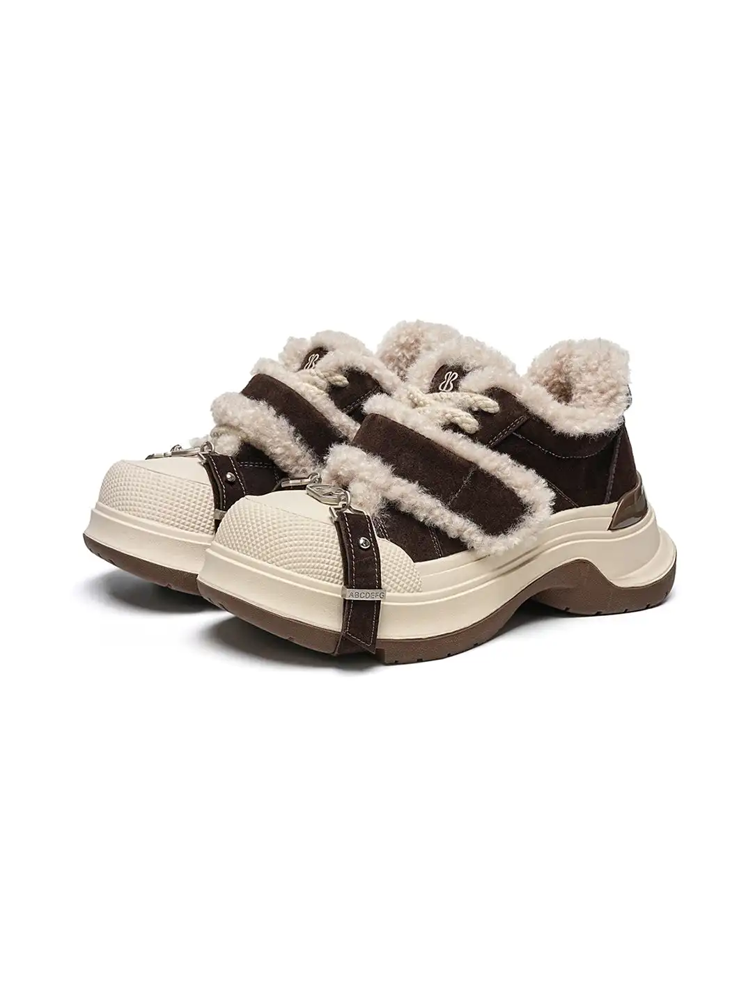 EBLAN | Coffee Shearling Strap Platform Sneakers
