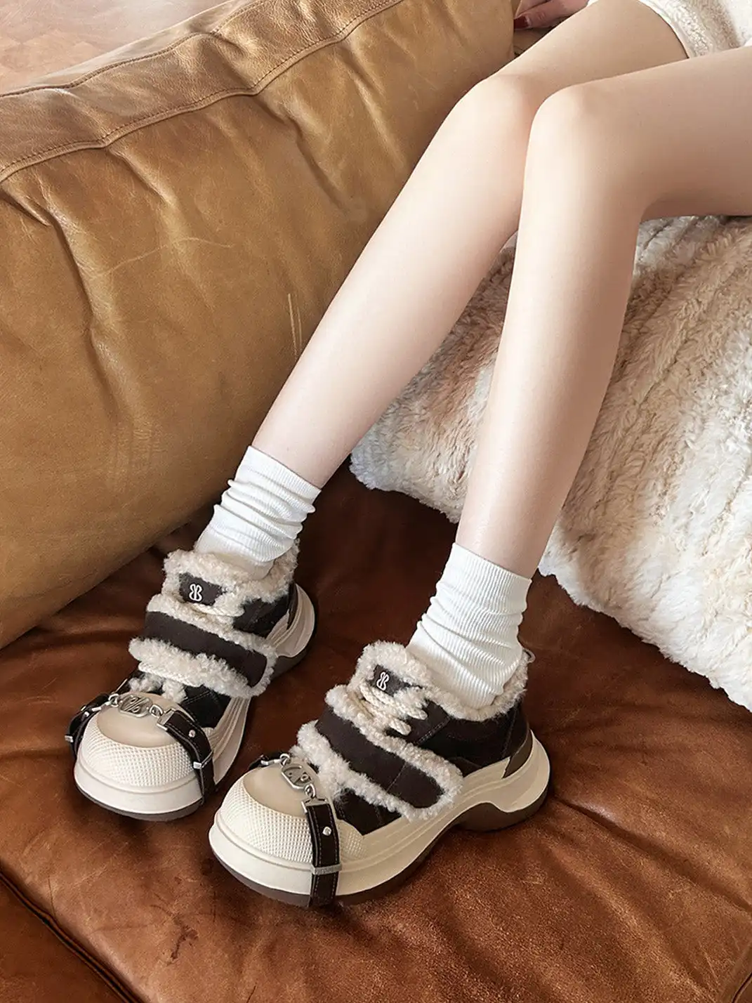 EBLAN | Coffee Shearling Strap Platform Sneakers
