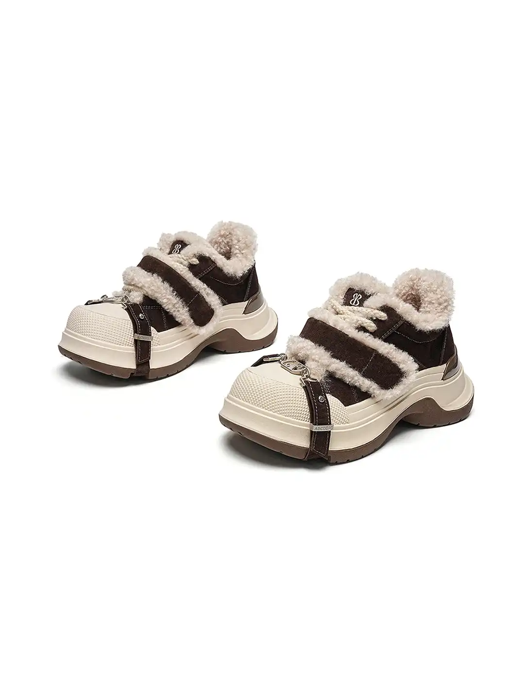 EBLAN | Coffee Shearling Strap Platform Sneakers