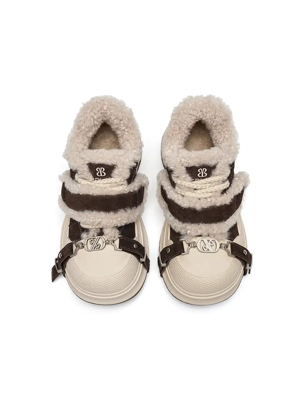 EBLAN | Coffee Shearling Strap Platform Sneakers
