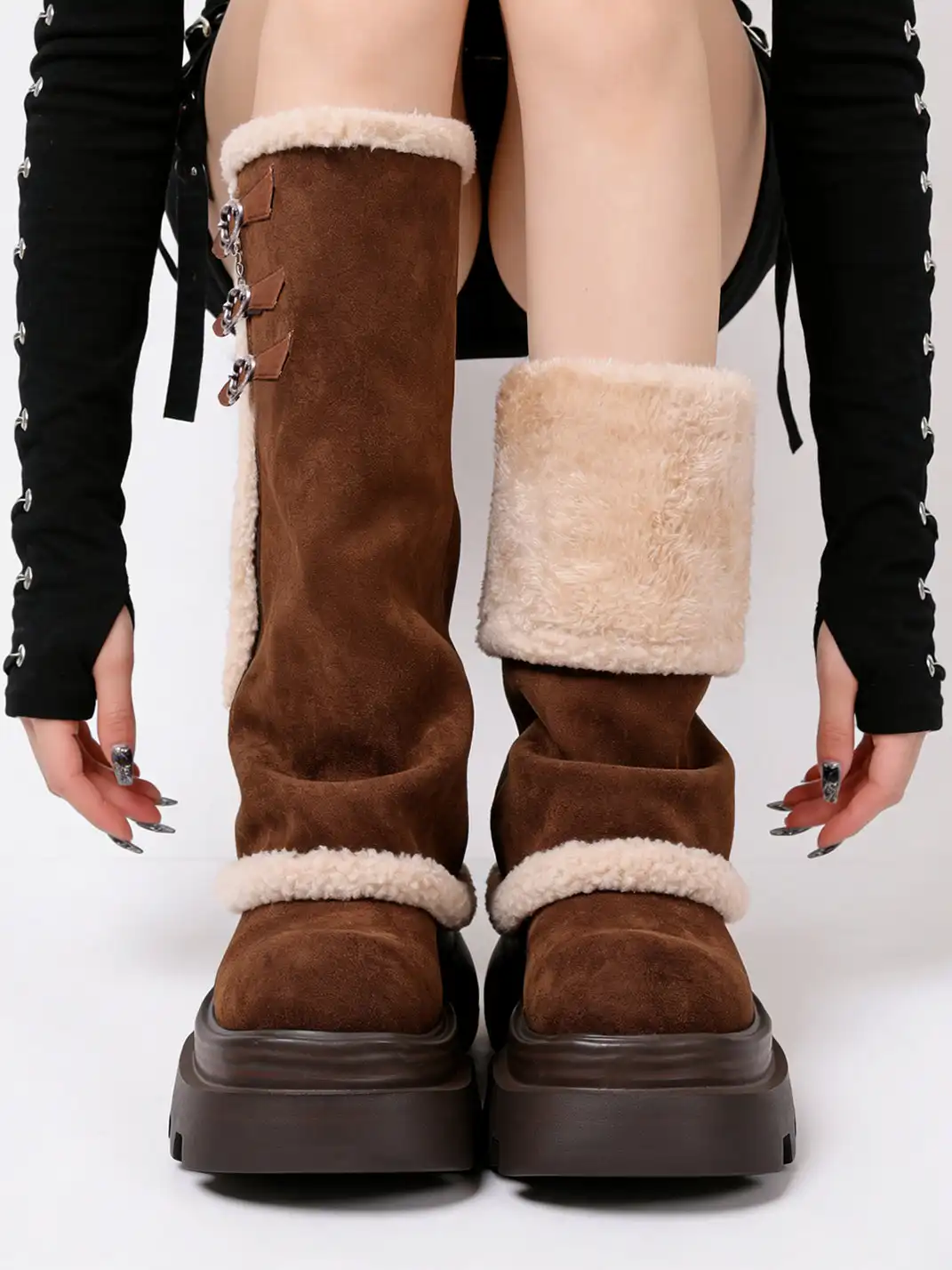 PINJIAHUI | Faux Fur Lined Suede Platform Boots