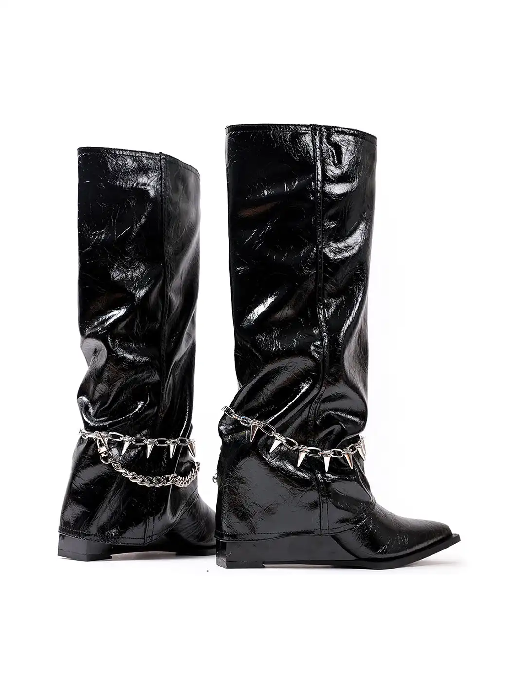 PINJIAHUI | Black Spiked Chain Detail Patent Leather Boots
