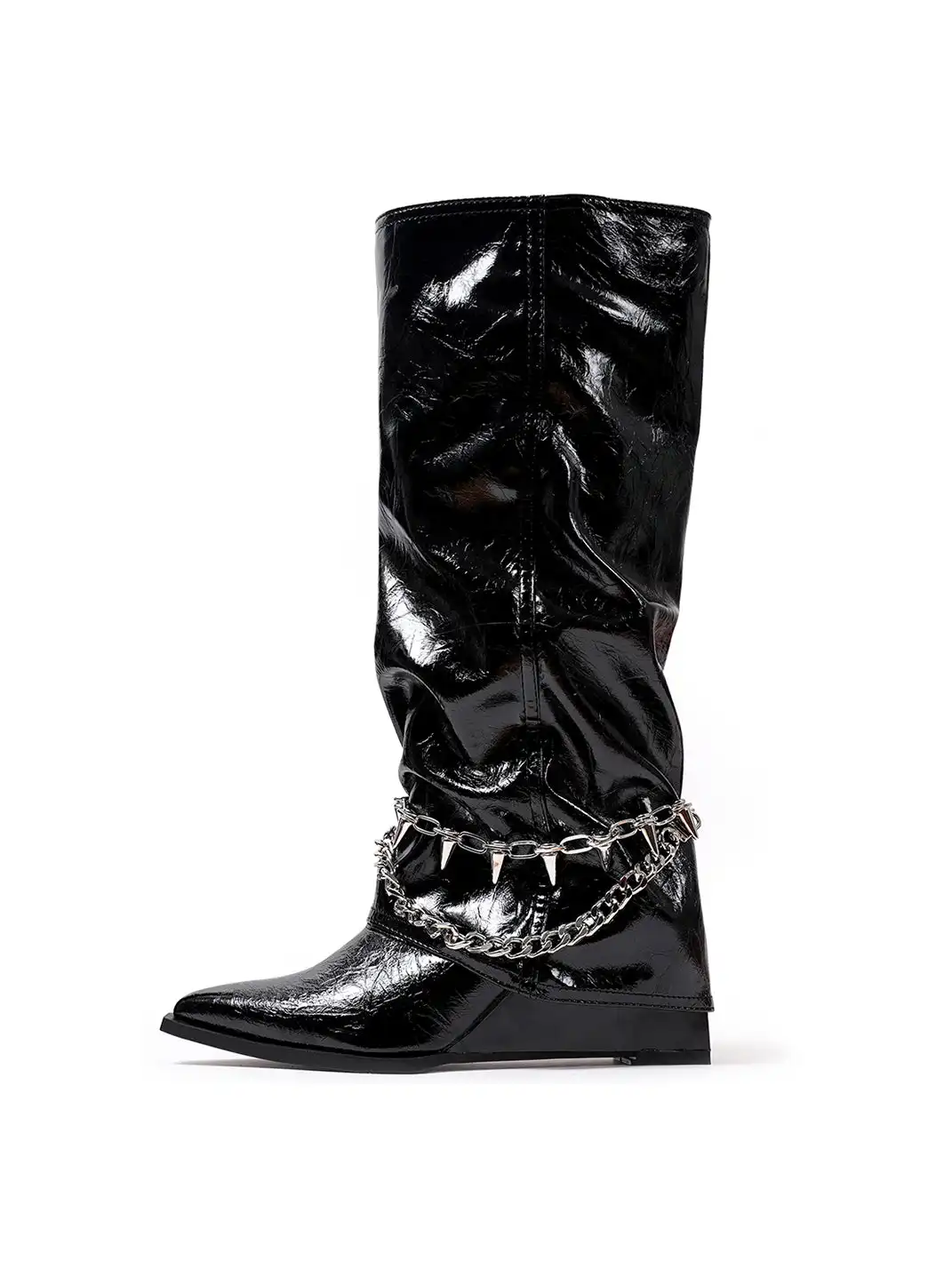 PINJIAHUI | Black Spiked Chain Detail Patent Leather Boots