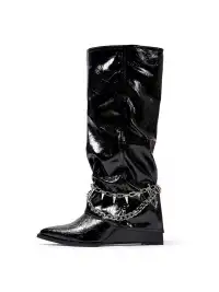 PINJIAHUI | Black Spiked Chain Detail Patent Leather Boots