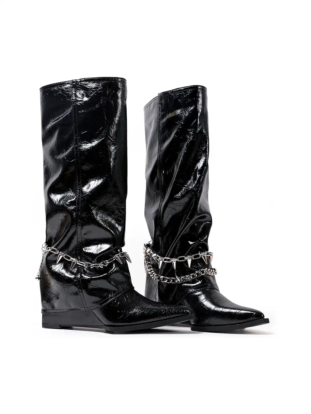 PINJIAHUI | Black Spiked Chain Detail Patent Leather Boots