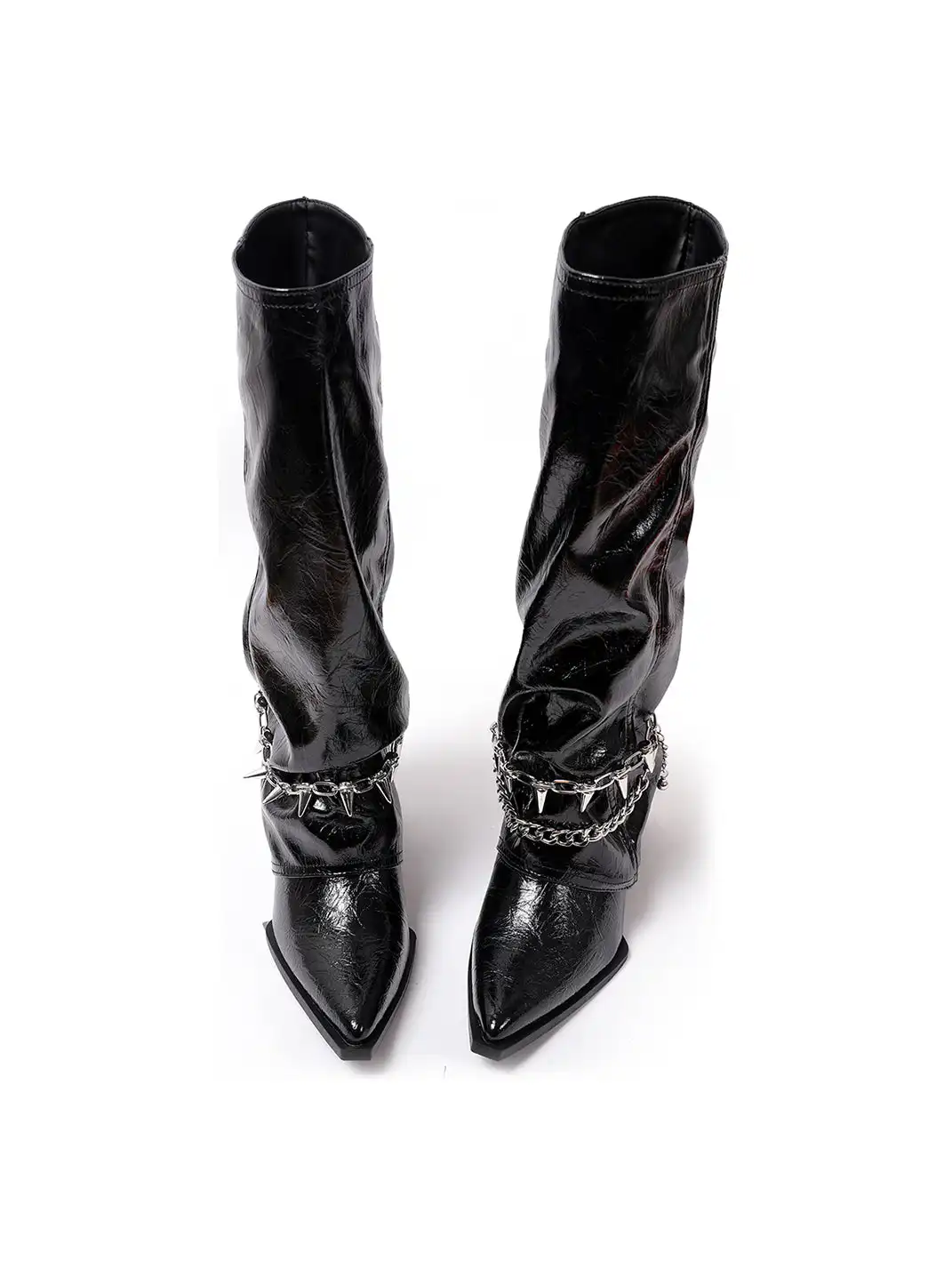 PINJIAHUI | Black Spiked Chain Detail Patent Leather Boots