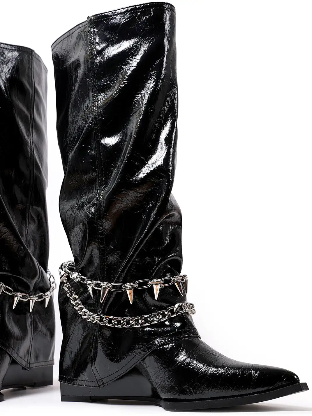 PINJIAHUI | Black Spiked Chain Detail Patent Leather Boots