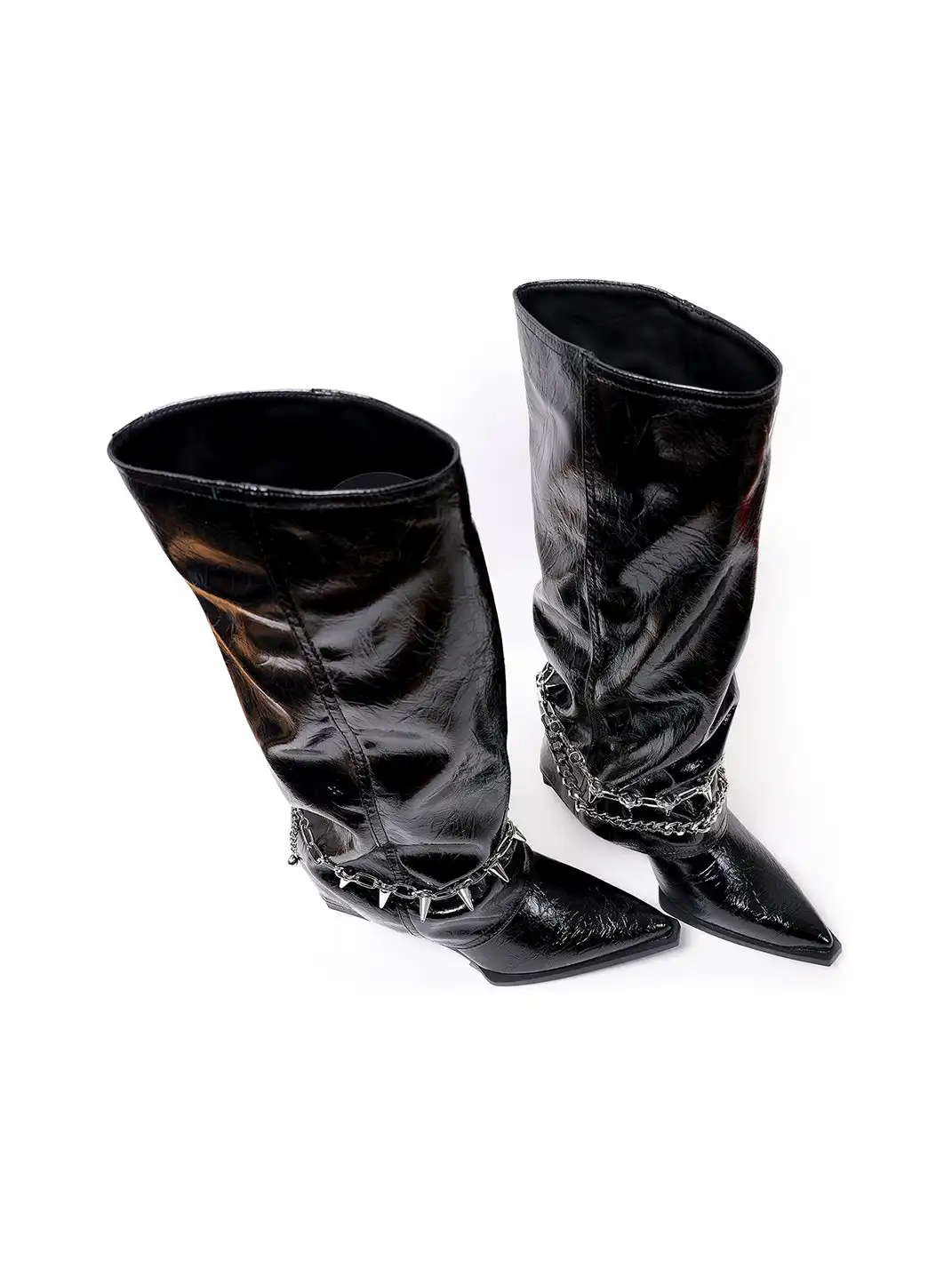 PINJIAHUI | Black Spiked Chain Detail Patent Leather Boots