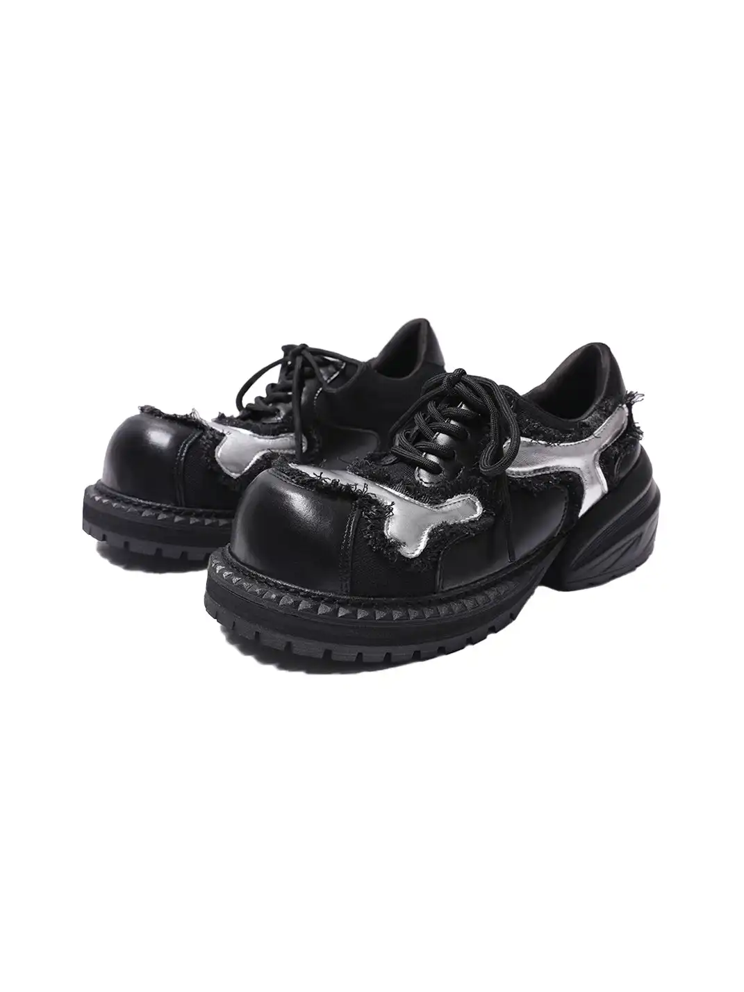 PINJIAHUI | Metallic Detail Distressed Leather Platform Sneakers
