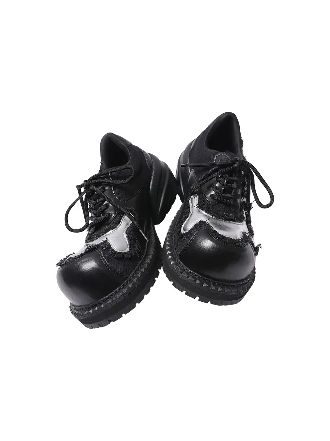 PINJIAHUI | Metallic Detail Distressed Leather Platform Sneakers