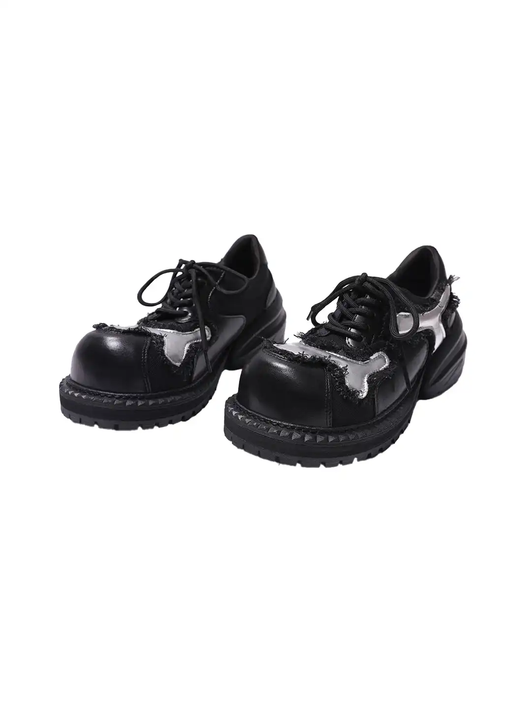 PINJIAHUI | Metallic Detail Distressed Leather Platform Sneakers