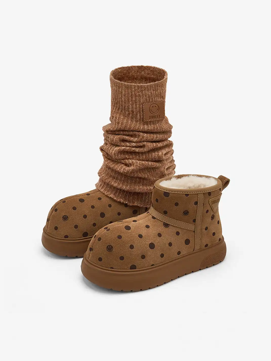 SMILEY | Round-toe Fleece-lined Polka Dot Socks For Snow Boots
