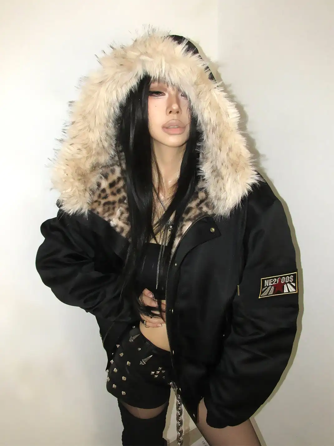 noEmosen | Leopard Print Hooded Jacket With Fur Collar