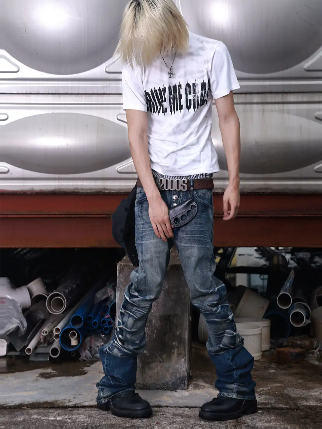 noEmosen | Cracked 3D Curved Blade Misty Jeans