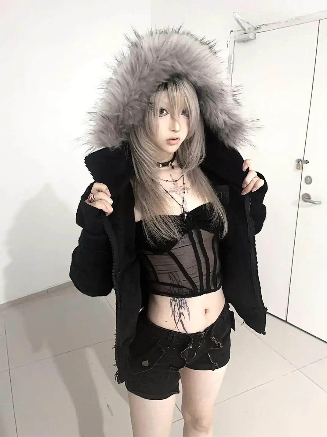 noEmosen | Hooded Gold Raccoon Fur Tassel Hem Sweatshirt