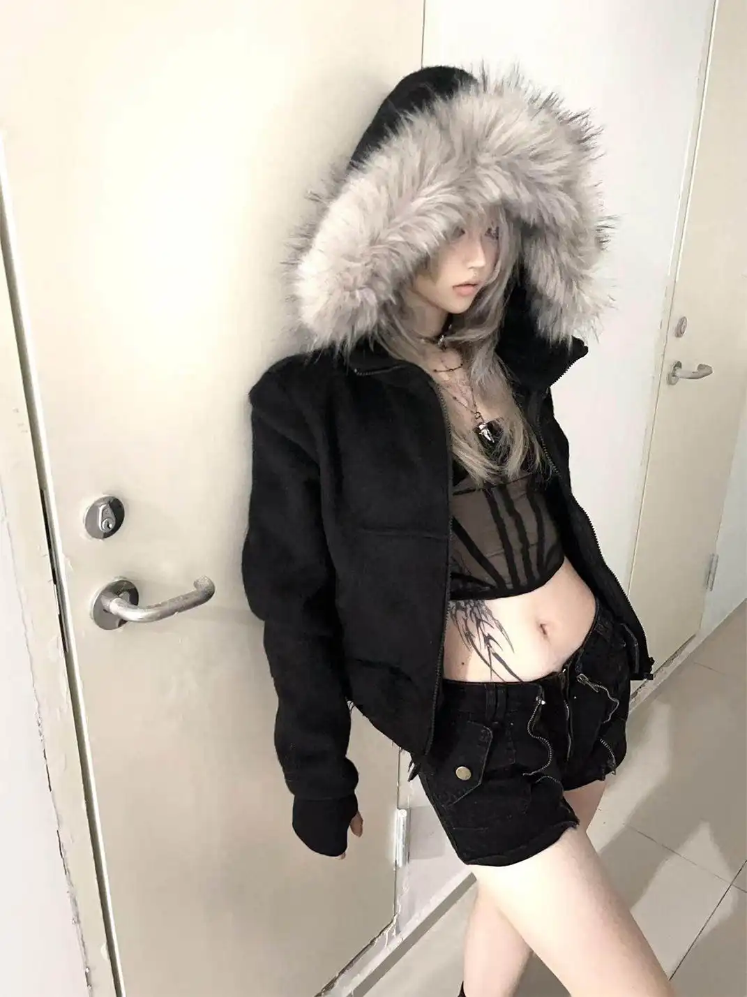 noEmosen | Hooded Gold Raccoon Fur Tassel Hem Sweatshirt